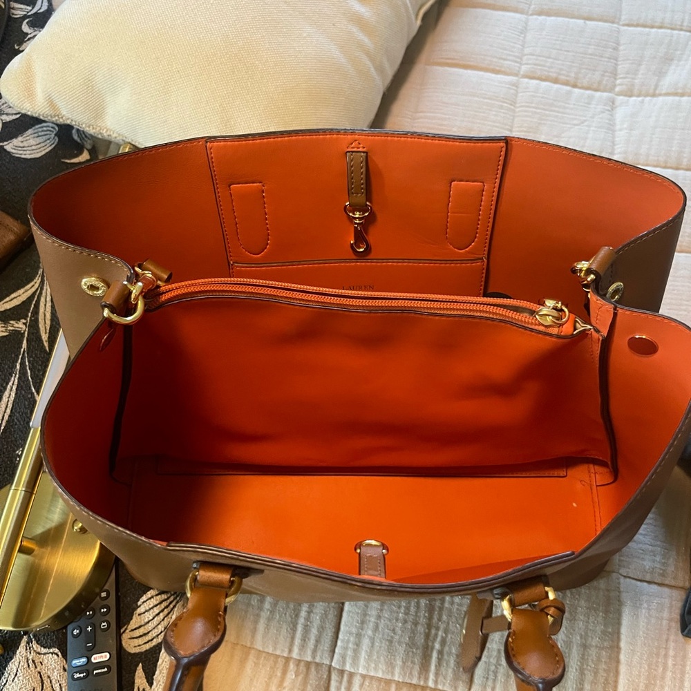 Lauren Ralph Lauren Brown Leather Satchel with orange Interior - Picture 2 of 10